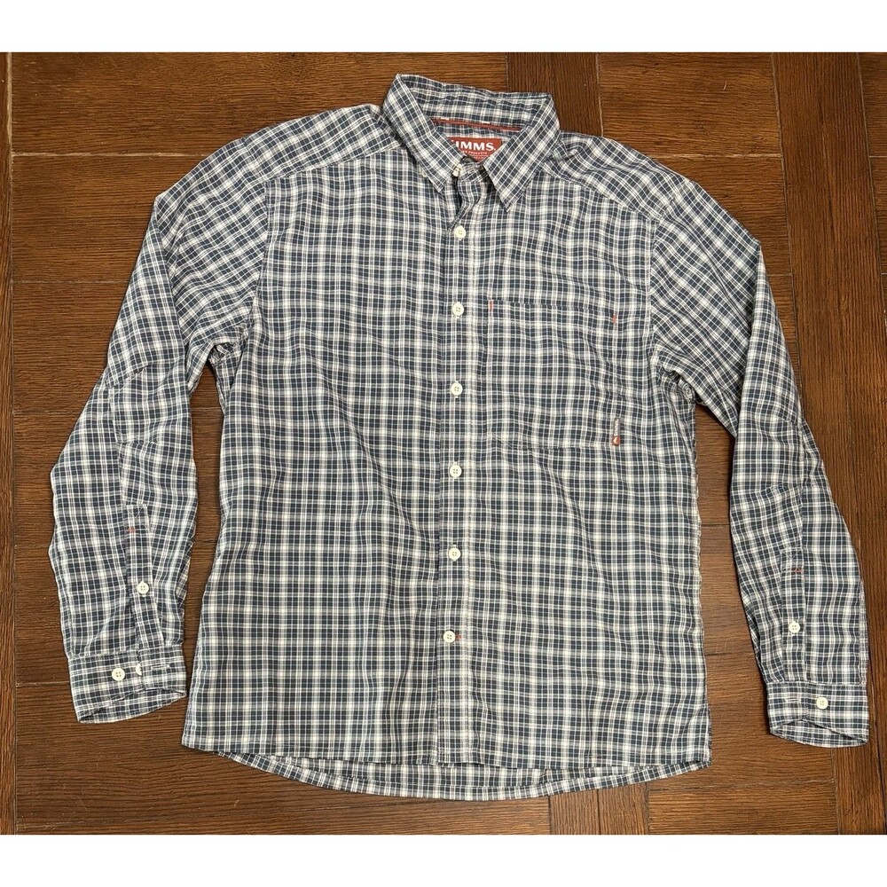 Mens Simms Fishing Size M Blue Plaid Long Sleeve Button Up Shirt